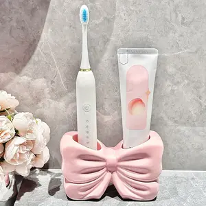 Girly Heart Bowknot Standup Brush Holder Creative Bathroom Washstand Electric Toothbrush Toothpaste Ceramic Storage Rack, Pink