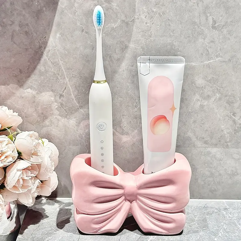Pink Girly Heart Bowknot Toothbrush Holder Creative Bathroom Washstand Electric Toothbrush Toothpaste Ceramic Storage Rack Standup Brush Holder