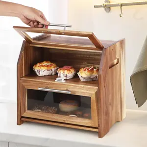Garvee Double-Layer Acacia Wood Bread Box with Transparent Acrylic Door and Ventilation Slots, Rustic Bread Storage Container for Homemade Bread, Bagels, Muffins (Brown)