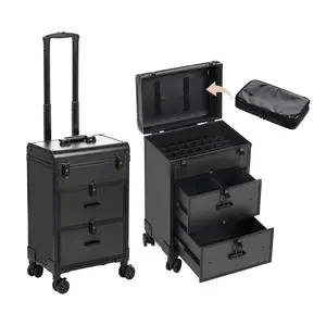 Rolling 3 in 1 Makeup Train Case with Drawers, Large Travel Cosmetology Trolley on Wheels, Detachable Nail Polish Rack & Clear Makeup Bag, Professional Swivel Wheel Storage for Stylists & Artists