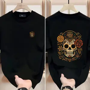 Skull flower printed T-shirt, creating a unique romantic style, suitable for men, women, mothers and friends, couples, fashionable and loose, casual, young and full of vitality