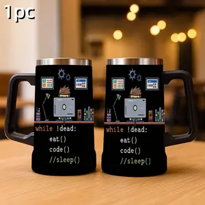 1pc 24oz Double Wall Vacuum Insulated cup Made from double-walled stainless steel, it keeps beverages hot or cold for hours. The sturdy black handle makes it easy to carry, ideal for long coding sessions at home, in the office, or on the go.