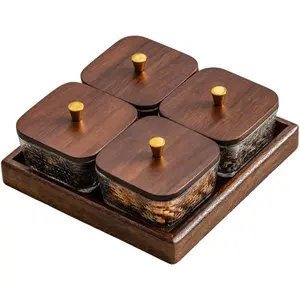 Square Glass Snackle Box Container Snack Organizer and Fruit Platter with Walnut Wooden Lids and Tray Divided Serving Tray for Nuts Candy Fruits (4 Jars)