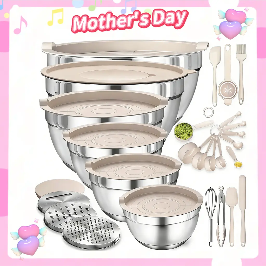 Metal Mixing Bowls Set, 6-Piece Stainless Steel Nesting Tableware with Lids & Graters, Functional Tools for Kitchen Baking Prep, Counter Space, Stackable Bowl