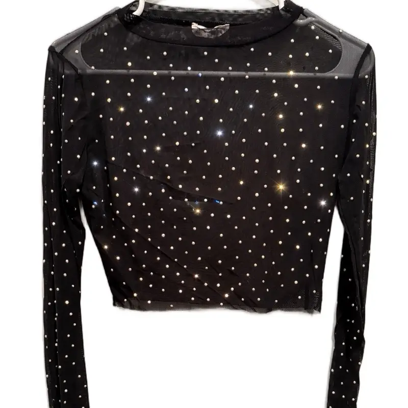 Upcycled Rhinestone Mesh Top - Size L, Black, Long Sleeve, Fitted, Party Blouse
