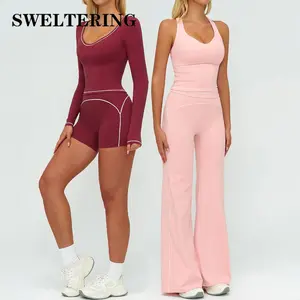 2PCS Yoga Set Gym Clothes Outdoor Sports Outfits Women Tracksuit Gym Fitness Suits Workout Long Sleeved Flared Pants Sportswear