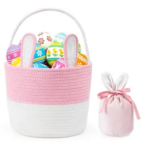 Easter Basket Cotton Rope Easter Bunny Baskets Empty with Handle for Egg Hunt Gifts, Girls Boys First Easter Basket Bucket with Velvet Drawstring Gift Bag