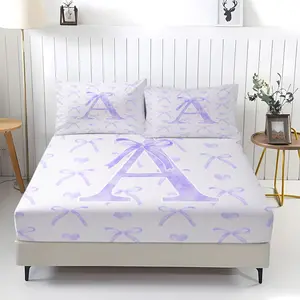 Custom Initial A E I L M O R S T Print Fitted Sheet Set, Gentle Purple Ribbon Bow, 2 Pillowcases, Breathable Comfort, Princess Style Bedroom Decor, Birthday Gift