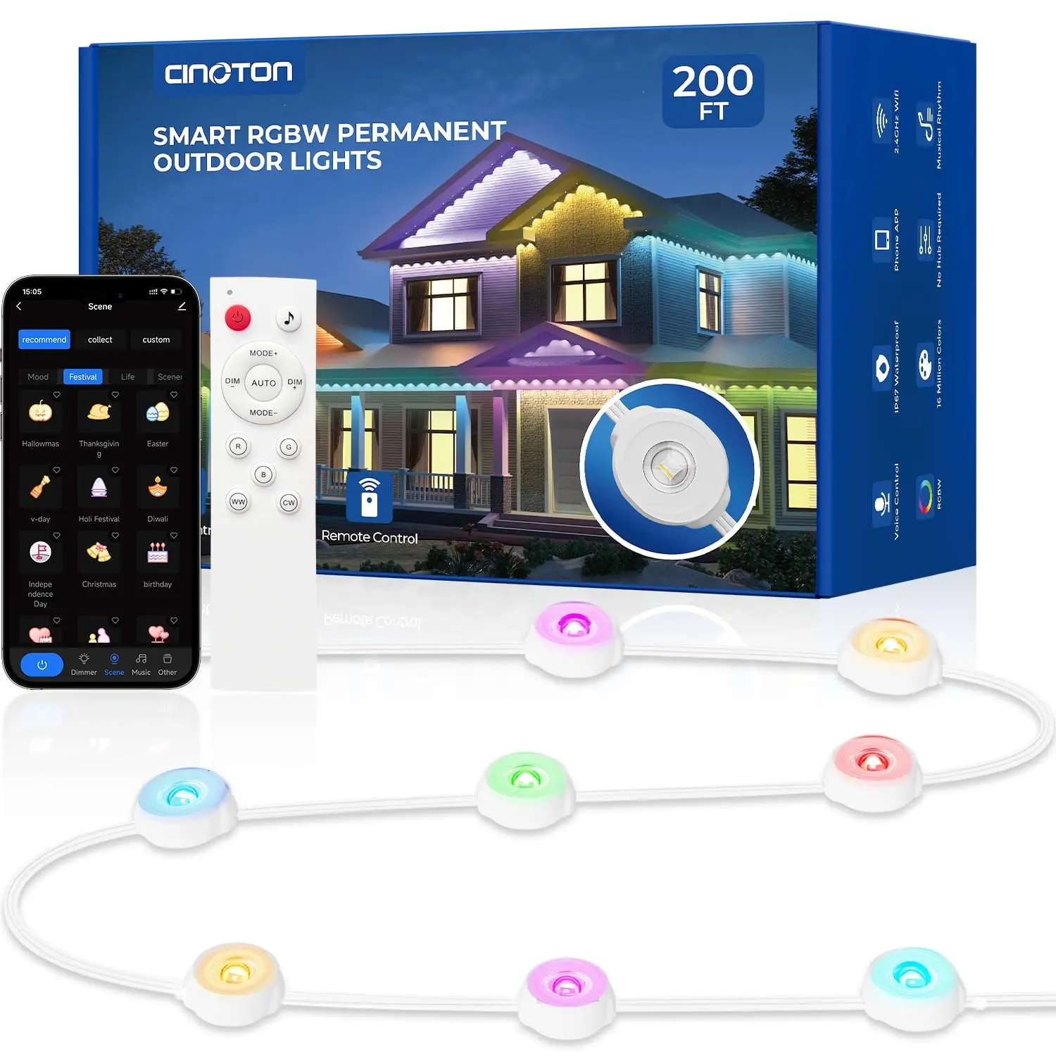 CINOTON IP67 Smart RGBW+IC WiFi LED Strip, Dimmable Lights (100ft/150ft/200ft Permanent Outdoor Eaves Lights, 60/90/120LEDs) with Triangular Beam, Wall Washing, 111 Scene Modes, APP/Voice/Remote Control for Holiday Decor, Dimmable Led Lights
