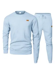 Men's Knitted Sportswear Set, Textured Sweatshirt with Drawstring Waistband Leather Tag, Soft Casual Two-Piece for Daily Wear Home Fall Winter, Textured Sweatsuit