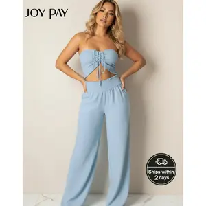 Women's Two-Piece Strapless Ruched Tube Top & High-Waisted Wide-Leg Pants Set Casual Summer Beach Outfit Solid Color Sleeveless Polyester Fabric