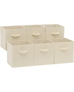 Pack of 6 Collapsible Fabric Storage Cubes Organizer with Handles, Sturdy, Beige, 10.5-x-10.5-x-11-inch, Pack of 6