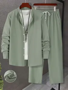 Men's Casual Long Sleeve Shirt & Drawstring Pants Set, Fitted Woven Fabric, All Seasons Wear, Fashionable Men's Clothing