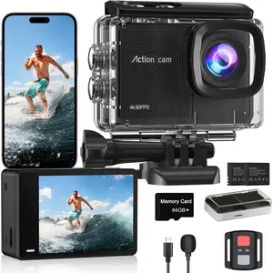 4K 60FPS Action Camera with 64GB Card-48MP  Camera,40M Underwater Camera,8X Zoom,EIS Stabilization,WiFi,Remote Control,MotorcycleCamera with 2 Rechargeable