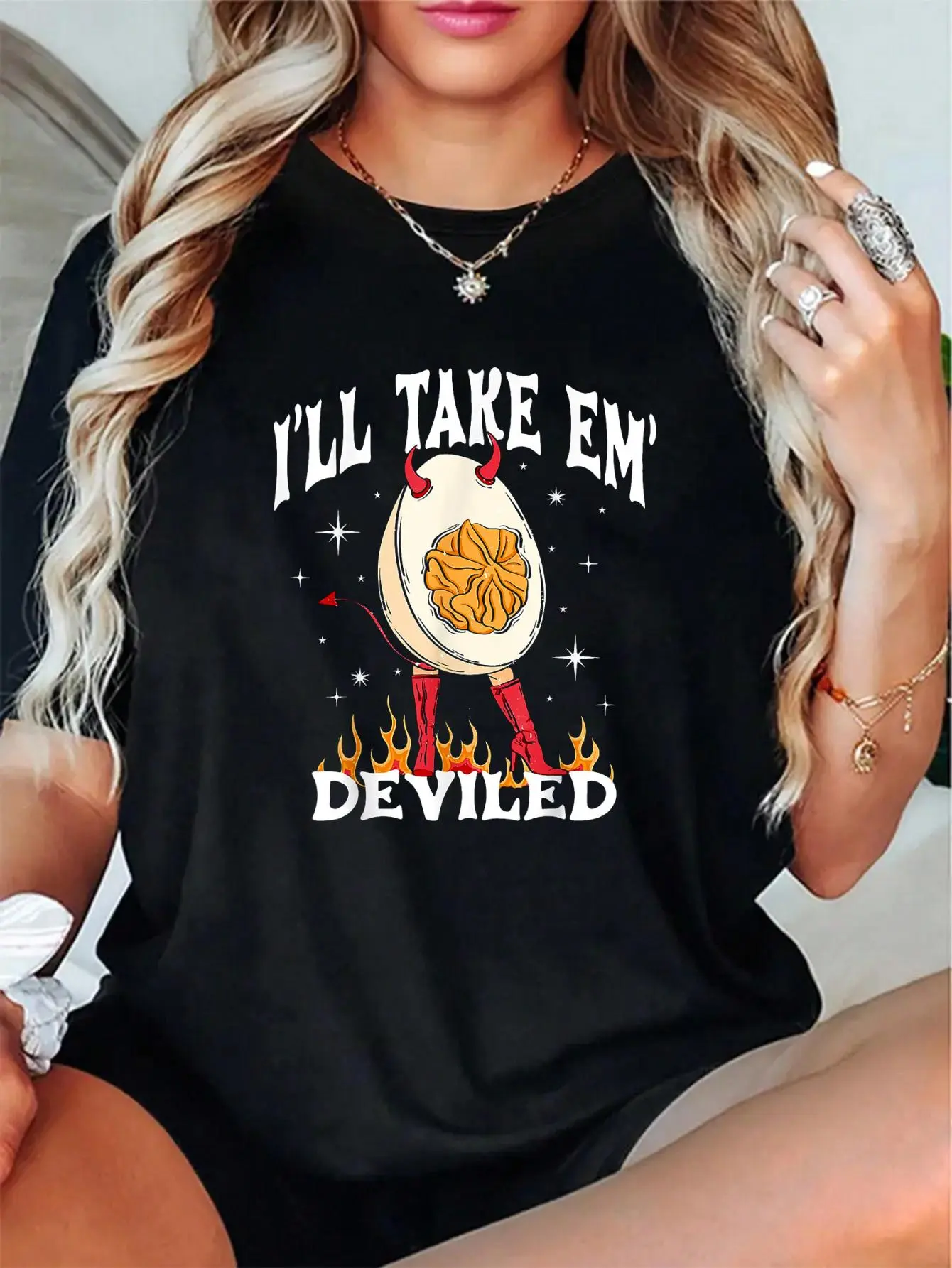 Unisex 100% Cotton I'll Take 'Em Deviled Autumn Thanksgiving Funny Deviled Eggs T-Shirt - Maple Leaf and Pumpkin Thanksgiving Print T-Shirt, Autumn Halloween Women's Top