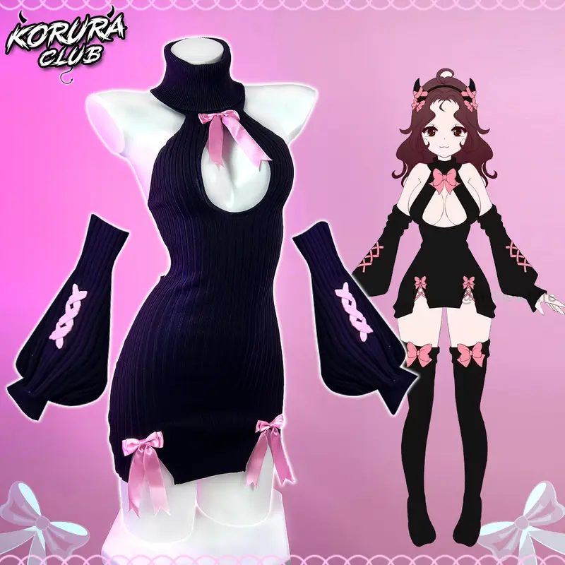 KORURACLUB KO57 Women's 2-Piece Kawaii Gothic Pink Bow Knit Mini Dress Set - Black Turtleneck Cutout Bodycon Sweater Dress with Detachable Sleeve Arm Warmers, Matching Cosplay Accessories for Halloween