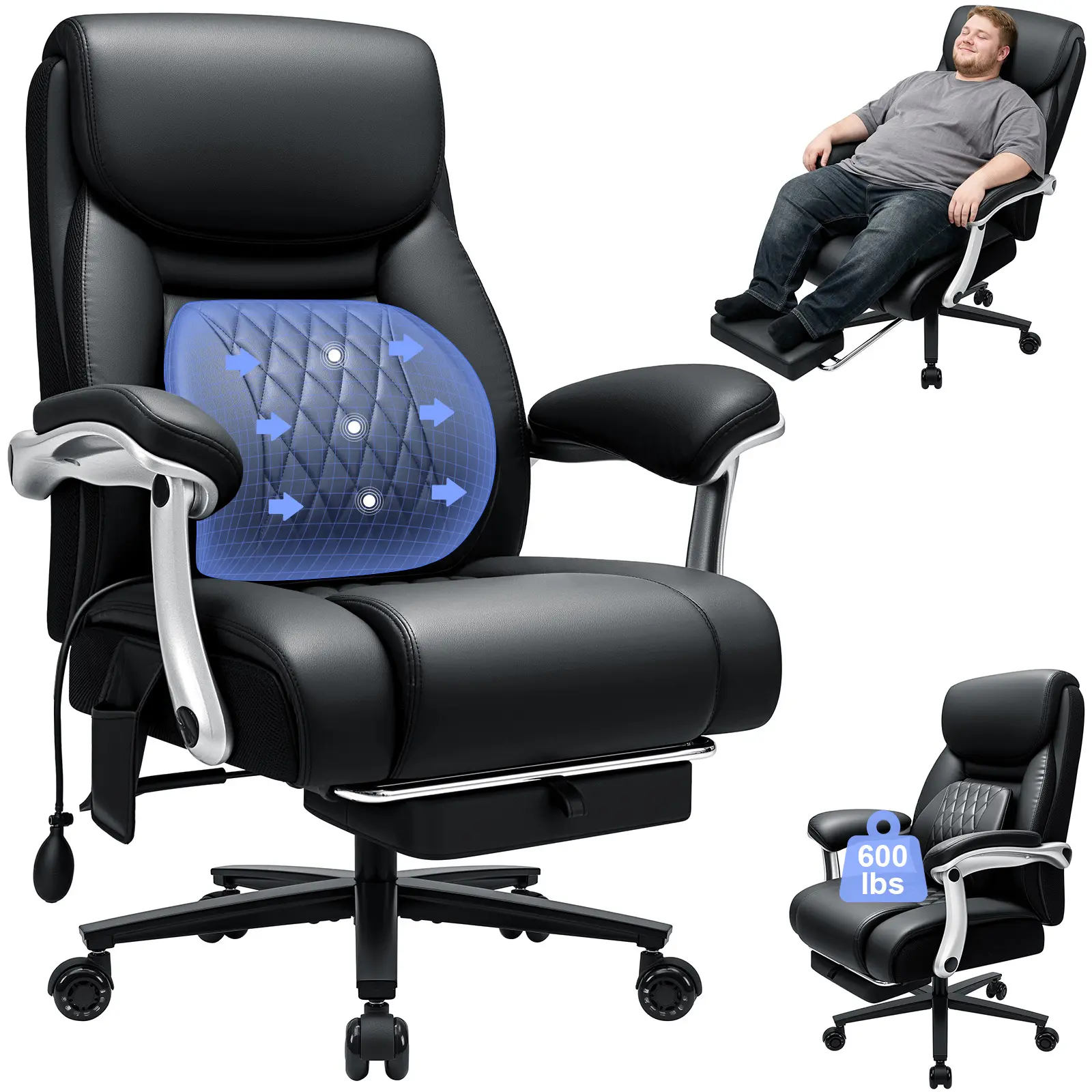 HOFFREE 600lbs Big and Tall Office Chair with Lumbar Support,Black Leather | Executive Office Chair with Foot Rest for Heavy People,Desk Chair with Widened Linkage Armrest for Work, Gaming and Reclining