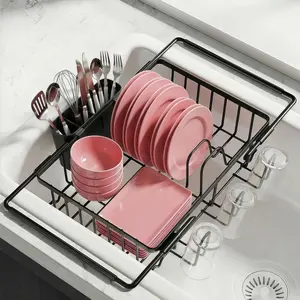 Expandable Over The Sink Dish Drying Rack, Stainless Steel Dish Rack in Sink, Kitchen Sink Drain Strainer with Utensil Holder & Cup Holders, Counter Space Saving & No Assembly Needed, Black