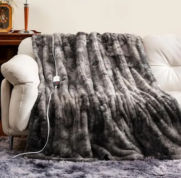 [Deals For You]1 count,Electric Heated Throw Faux Rabbit Fur Blanket with 6 Heating Levels & 4 Hours Auto Off, Fast Heating Warm Cozy Sherpa Washable