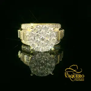 14K Gold Round Natural Diamond Cluster Ring with Baguette Accents