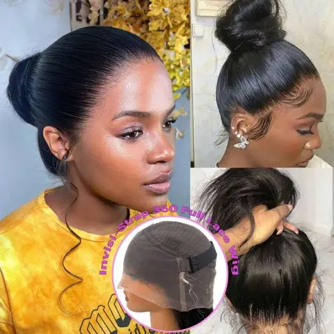 360 Lace Frontal Wigs Straight Human Hair Wig Hidden Strap 360 Full Lace Frontal Wigs Human Hair for Black Women Invisible Strap Straight HD Lace Front Wigs Can Be Ponytailed 360 Lace Wig With Drawstring Nature Color