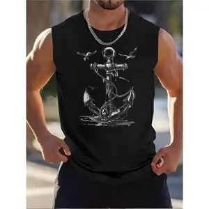 Boat Anchor Motorboat Sailboat Printed Singlet Men's Sleeveless Workout Swim Shirt Quick Dry Athletic Running Gym Muscle Beach Tank Top Big and Tall 180g Pure Cotton Yoga Sports Vest