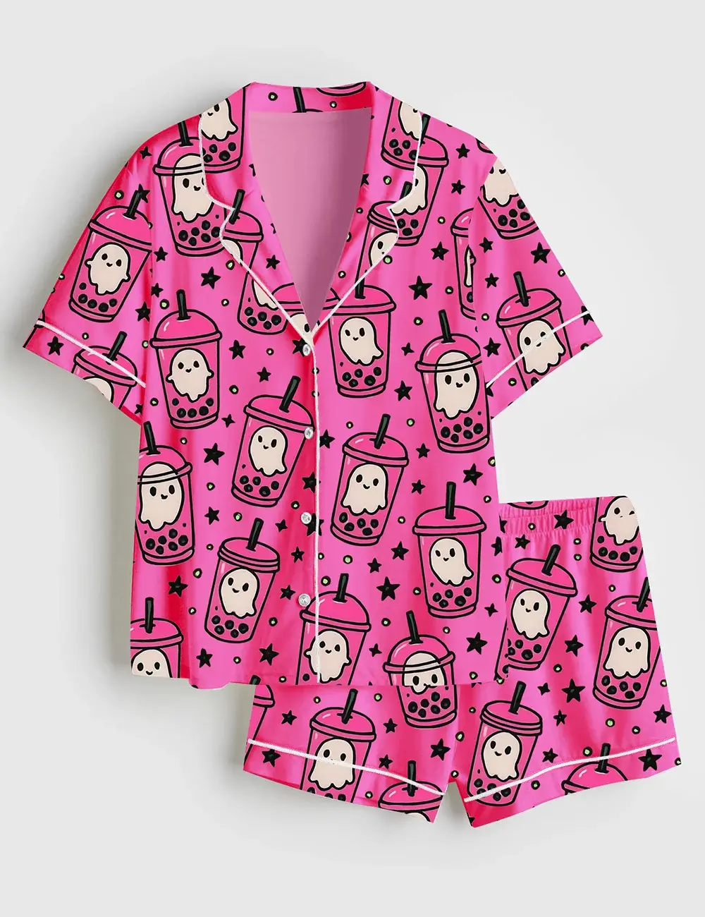 Neon Halloween Cute Spooky Ghosts Coffee Winter Holiday Pajama Set For Women, Gift For Her, SoftLounge Pajamas, CozyDream Set, Gift For Lover.