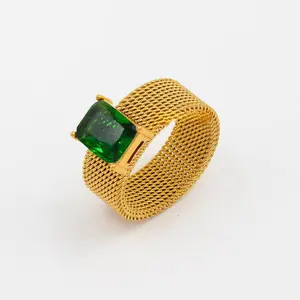 Emerald-Cut Dark Green Crystal Mesh Ring – Gold Tone