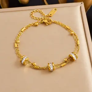Fashionable, Light Luxury, High-End Gold-Plated Double-Layer Stacked Chain Stainless Steel Diamond-Embellished Round Accessory Bracelet