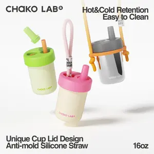 CHaKO LAB BOBO CUP | Kids Water Bottle with Carrying Rope and Straps | Vacuum Insulated Stainless Steel 16oz for School and Trvels | Two Travel Carrying Options Lightweight Insulation
