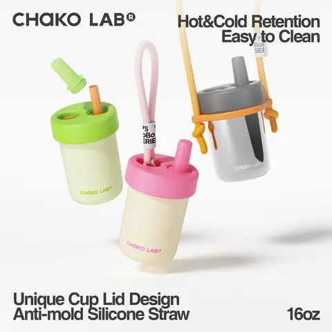 CHaKO LAB BOBO Kids Reusable Portable Metal Vacuum Flask - 16oz Lightweight Stainless Steel Insulation Flask with Silicone Lid, Button, Carrying Rope, Straps, 2 Travel Options for School Kitchenware Drinkware