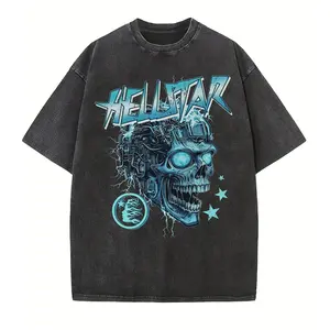 Vintage Washed Black "Hellstar Cyborg Skull" Graphic Oversized T-Shirt, Cyberpunk/Edgy Streetwear Top for Men Women
