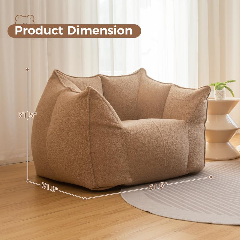 BEKRVIO Giant Bean Bag Chair Teddy Fleece Ergonomic Design Arm Rest for Adults Reading Cozy Sofa Single Seat Love Seat Options Brown Gray Pink White