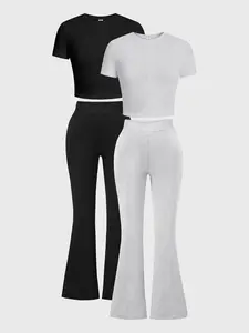 Tween Girls' Four-piece Trousers Set, Classic Black and Gray Mixed Color Short Round Neck T-shirt, Elastic Bell-bottom Pants Sizes 7-14,Ready Stock 42501012 Everyday Wear Outside Activities