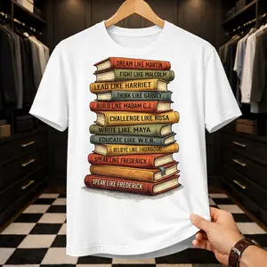 Black History Month Leaders T-Shirt - Retro Book Stack Graphic Tee - Inspirational African American Heroes Shirt for Teachers & Book Lovers - Dream Like Martin Fight Like Malcolm
