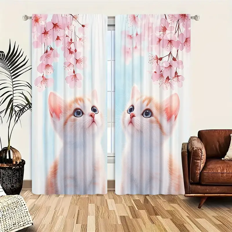 2pcs Creative Cat Pattern Half-Blackout Curtains, Cute Cartoon Art Style, Suitable for Kitchen, Living Room, Bedroom, Bathroom, Game Room