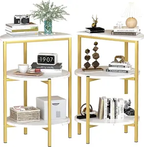 White and Gold End Tables Set of 2, Round Marble Nightstand Set of 2,Marble Side Table Small Coffe Table Dining Room Shelf desk gaming desk gaming desks Modern Furniture Minimal desk gaming desk l shaped desk table