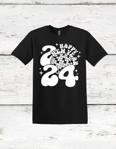 New Years Shirt, 2024, NYE 2024 Cotton Casual Crew Neck Plain Black Pink T-Shirt Classic Top White Soft Menswear Underwear