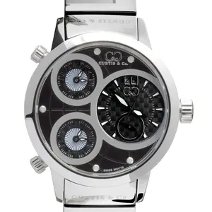 Curtis & Co. BIG TIME WORLD 57mm Black Dial Stainless Steel Case Swiss Quartz Watch with 4 Time Zones Stainless Steel & Silicone Strap for Men Women Luxury