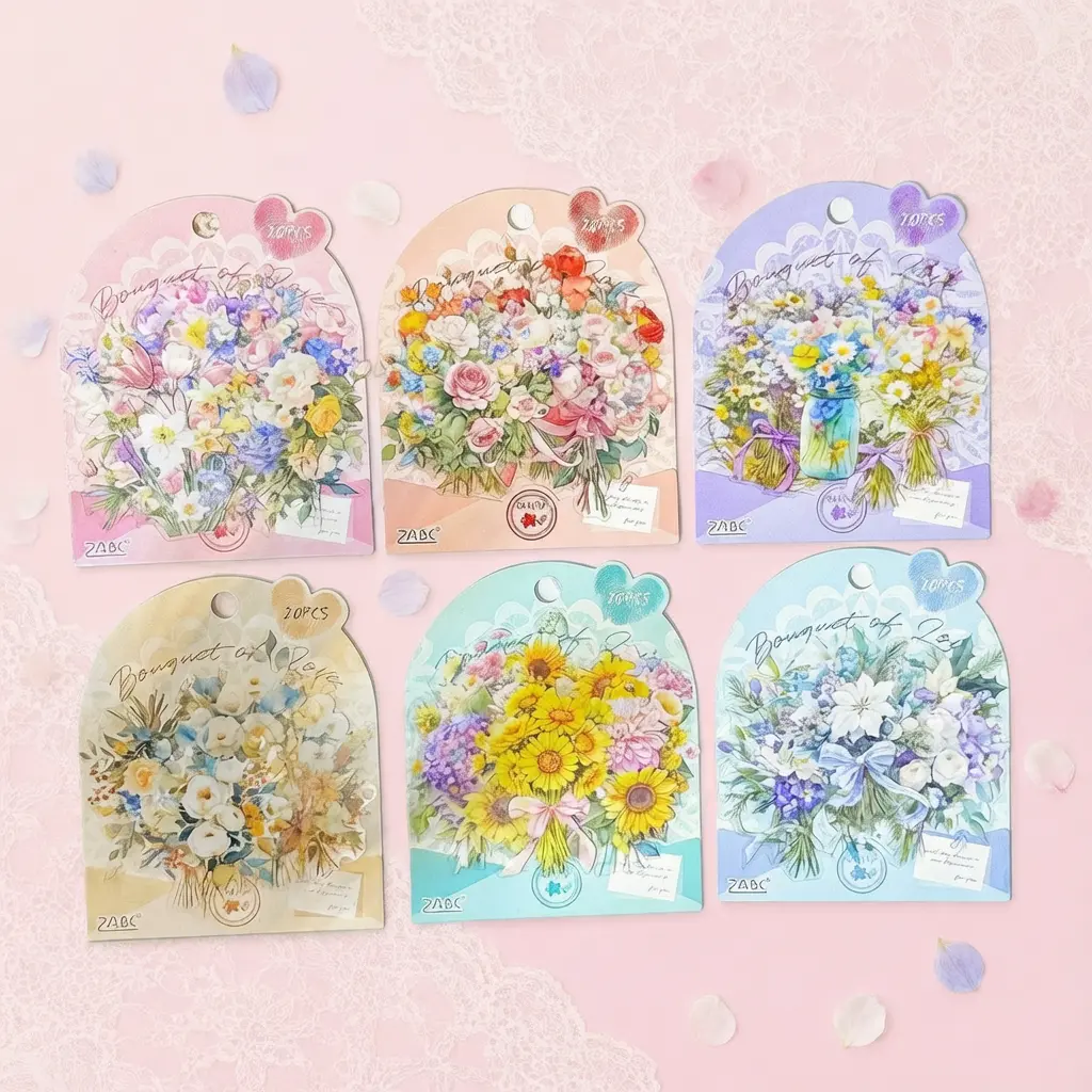 Enchanting Flower Bouquet Stickers Pack, 6 Styles Waterproof PET Decals for Scrapbook & Art Journaling