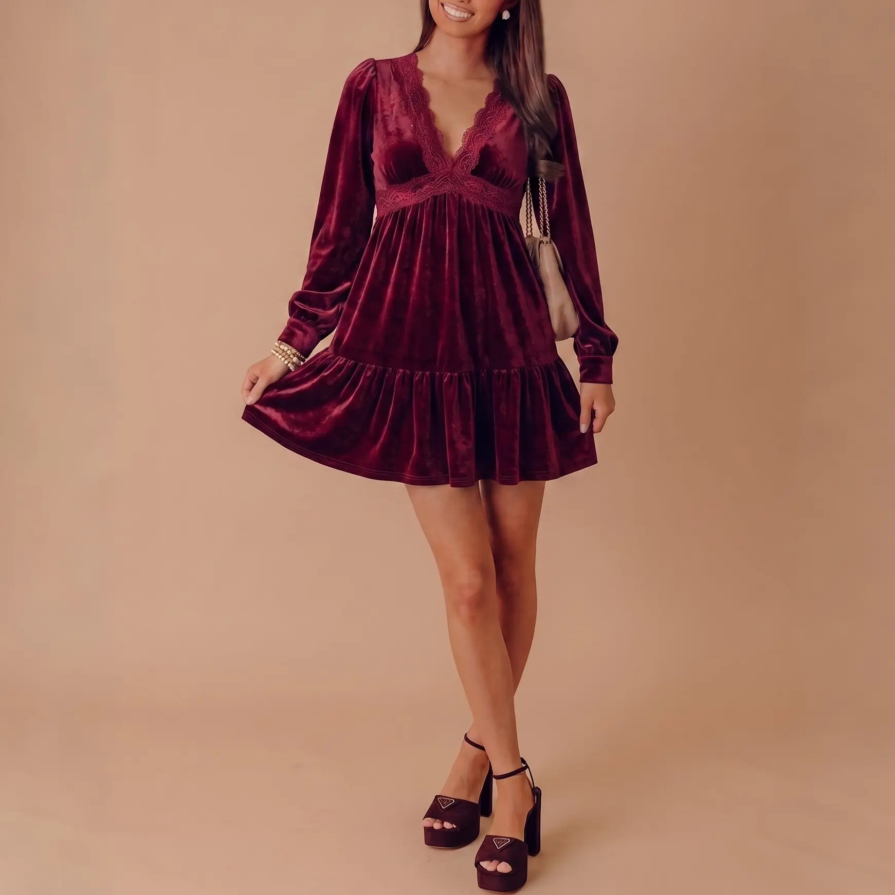 Women s Velvet Dress High Waist A line Lace Trim Formal Party Dress for Christmas Cocktail Party Holiday Gathering Anniversary Date