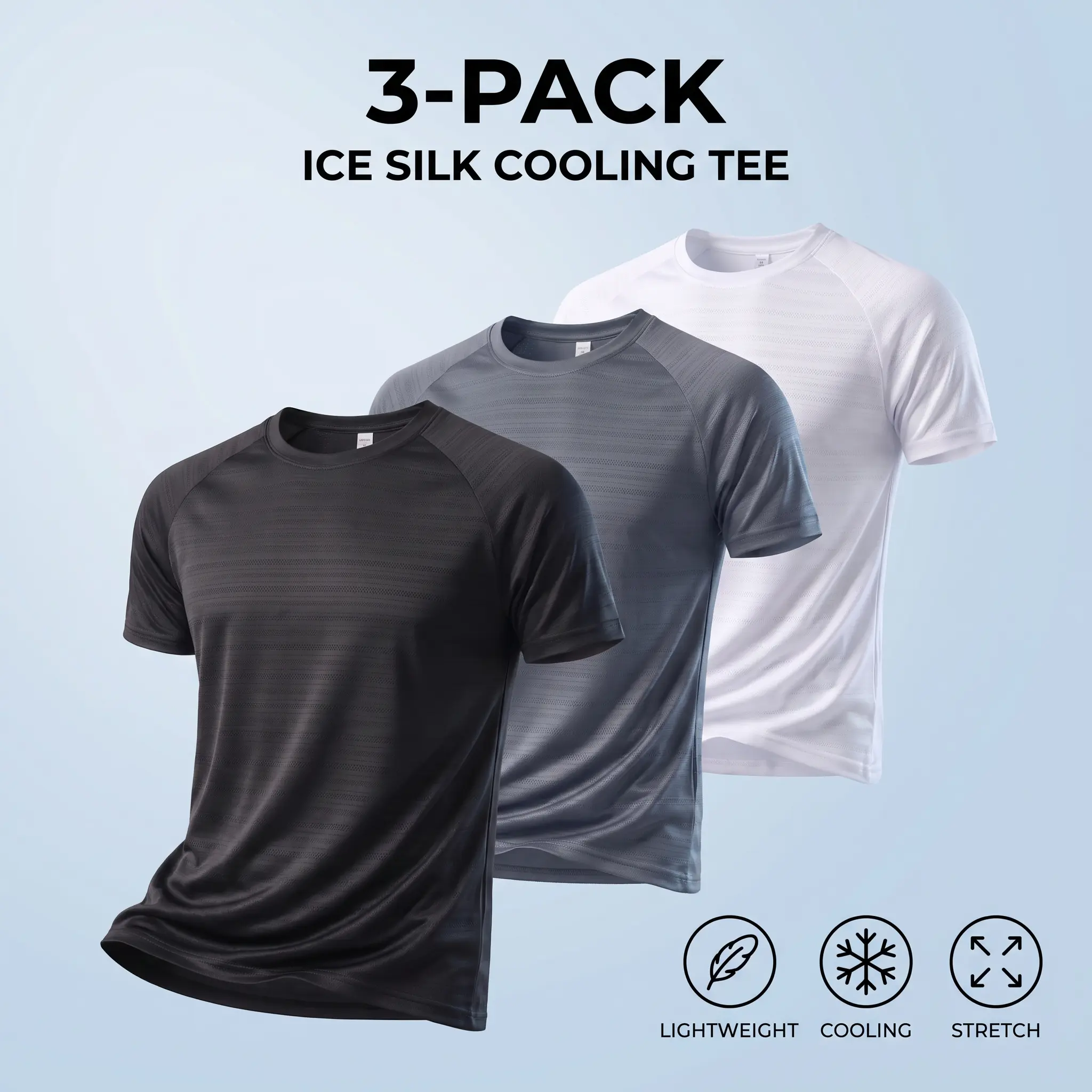 3-Pack Men's Ice Silk Cooling Short Sleeve T-Shirts Black Gray White Quick Dry Micro-Mesh Breathable Athletic Tees Lightweight High Stretch Workout Tops Moisture Wicking Gym Running Outdoor Sports Activewear Wrinkle Free Casual Summer Shirts