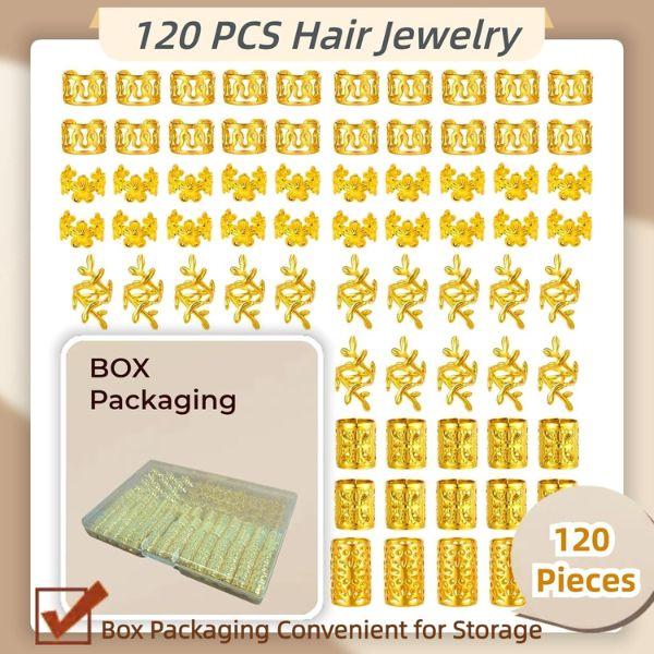 120 Pcs Gold Hair Jewelry Kit for Braids, Dreadlocks – 5 Styles Hair Rings, Cuffs & Clips, Braid Accessories for Black Women, Hair Decorations for Box Braids