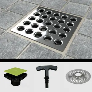 Ebbe E4401-E4400. Square Plate Drain Grate and Drain Riser w/ Hair Trap & T-Puller