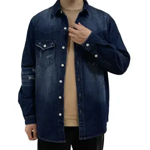 WIRDATRD Men's Denim Shirt with Flap Pockets All-Season Menswear Outfit Classic Jean Cloth for Fall Winter Street Style