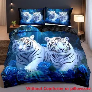Tiger Pattern Bedding Set, 3 Counts/set Including 1 Count Duvet Cover & 2 Counts Pillowcases, Soft Comfortable Decorative Bedding Set for Home Bedroom