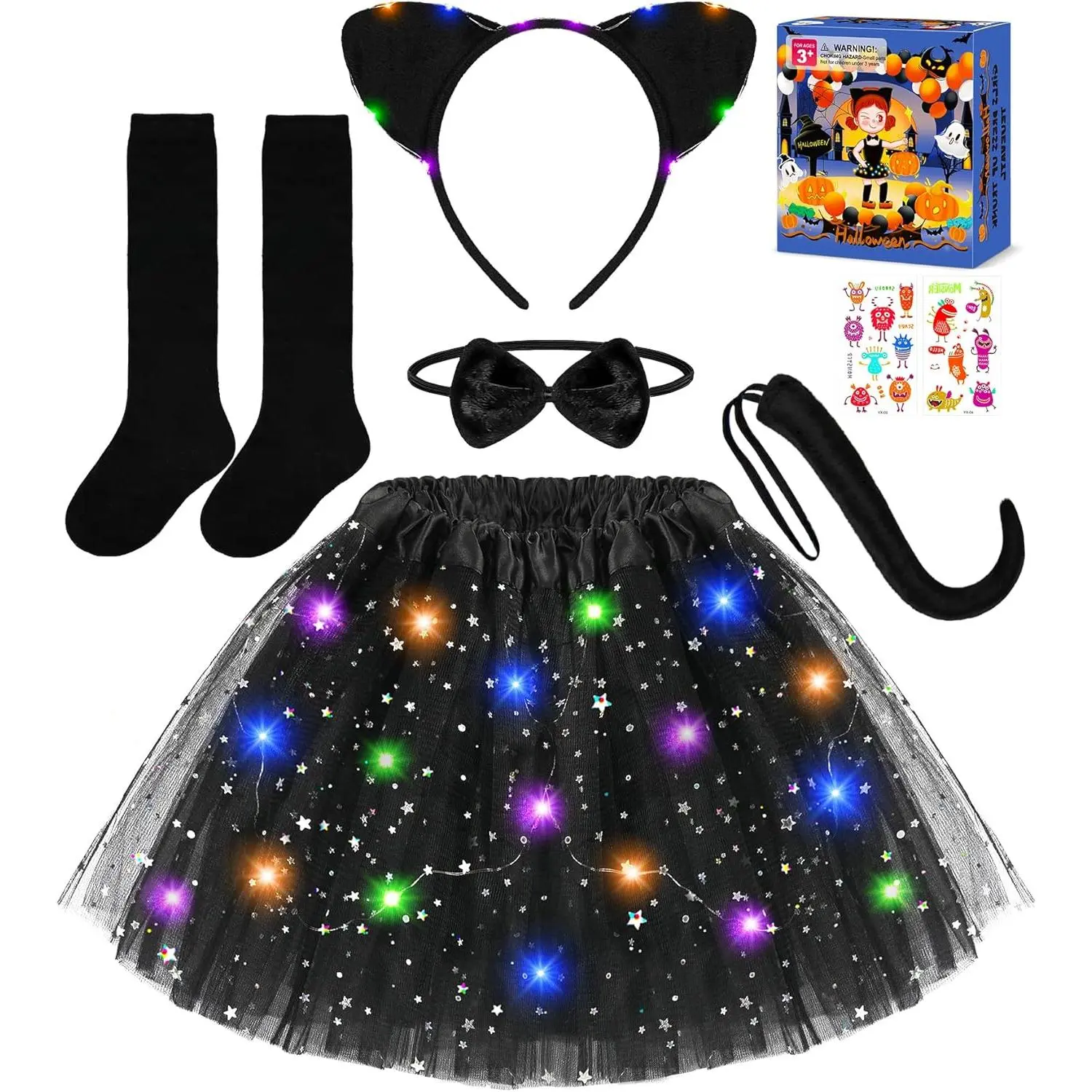 P-CPA07   Black Cat Costume for Girls, 7 Pcs Kids Cat Costume with LED Light Up Tutu Skirt Cat Ears, Halloween Costumes for Girls Kids Ages 3-8