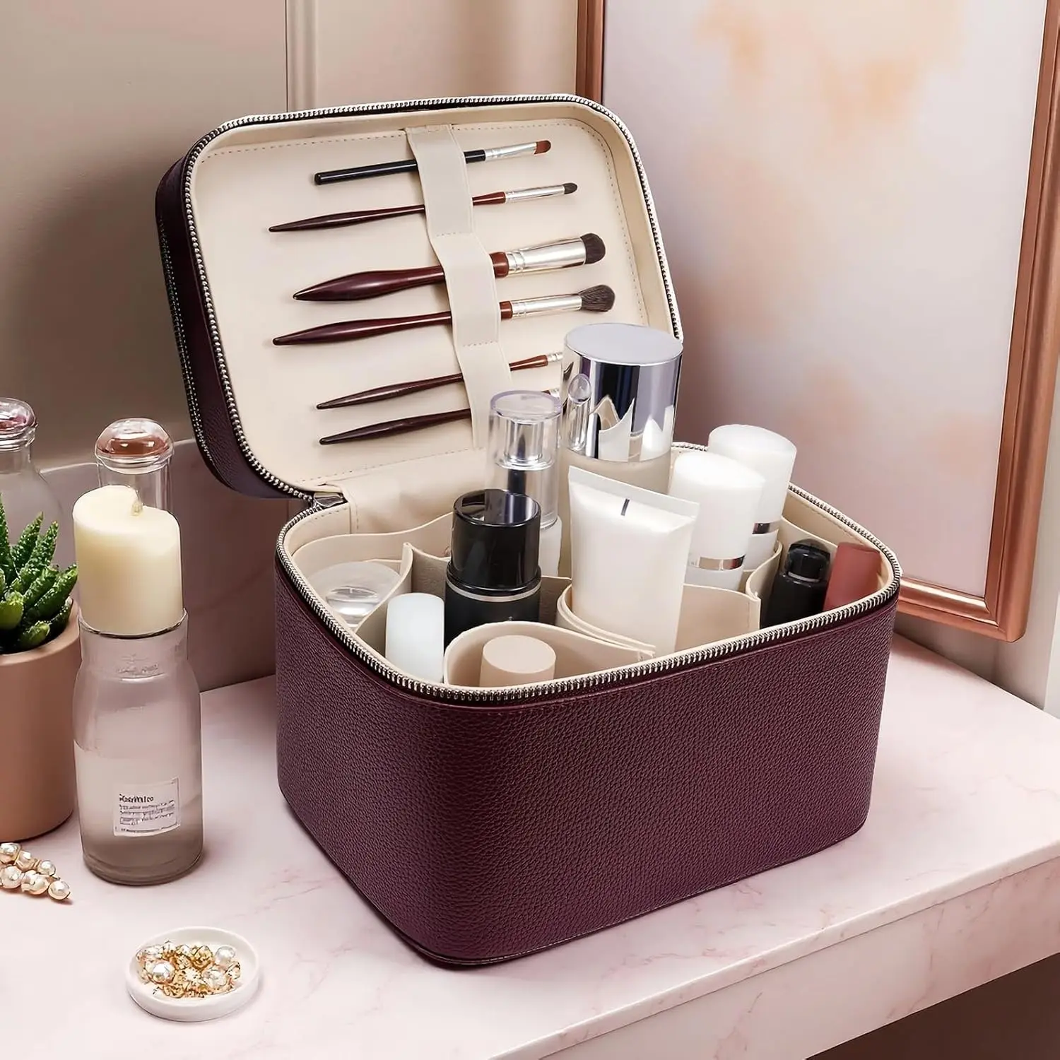 High-End Dual-Layer PU Makeup Bag, Makeup Pouch, Cosmetic Travel Bags, Travel Makeup Bags Organizers, Durable Portable Large Capacity Travel Cosmetic Organizer, Multi-Pocket Storage Box for Beauty Products