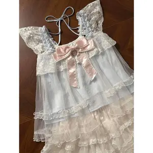 French Sweet Design Cute Lace Stitching Bow Flying Sleeve Top Summer Kawaii Cottagecore Gauze Lace Cake Skirt 2-piece Set Women