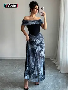 Women's French One-Shoulder Lace-Up Printed Mesh Dress, Sexy Slim Fit Elegant Long Dress, Perfect for Special Occasions